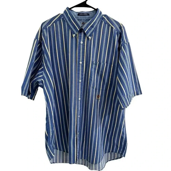 Vintage Tommy Hilfiger Button Up Shirt Size XL Blue Yellow Stripes Logo Casual - Picture 1 of 9